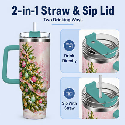 #pl[40oz|Green] Pink Ribbon Christmas Tree Tumbler, 40oz Handled Stainless Steel