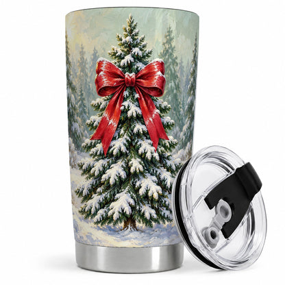 Snowy Christmas Tree 20oz Tumbler, Red Bow Winter Landscape Art