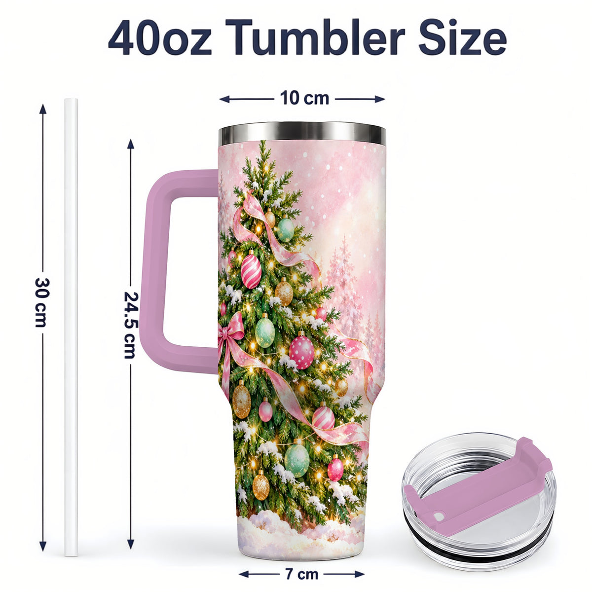#pl[40oz|Pink] Pink Ribbon Christmas Tree Tumbler, 40oz Handled Stainless Steel