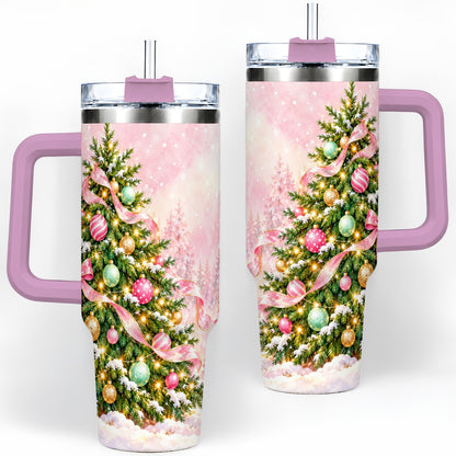 #pl[40oz|Pink] Pink Ribbon Christmas Tree Tumbler, 40oz Handled Stainless Steel