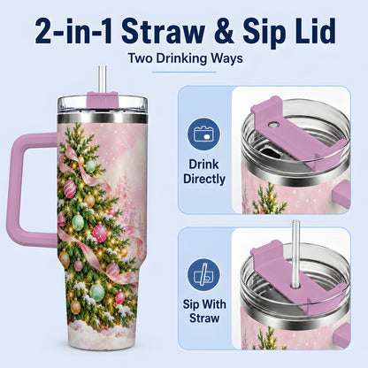 #pl[40oz|Pink] Pink Ribbon Christmas Tree Tumbler, 40oz Handled Stainless Steel