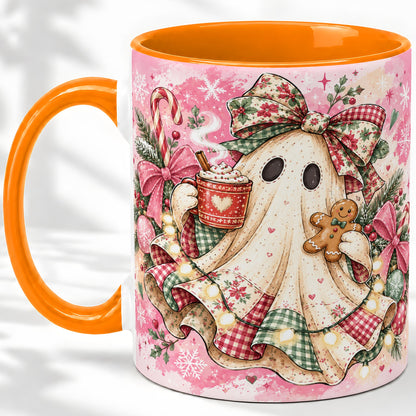 #pl[11oz|Orange] Cute Christmas Ghost Accent Mug, Ceramic Coffee Cup for Ghost Fans
