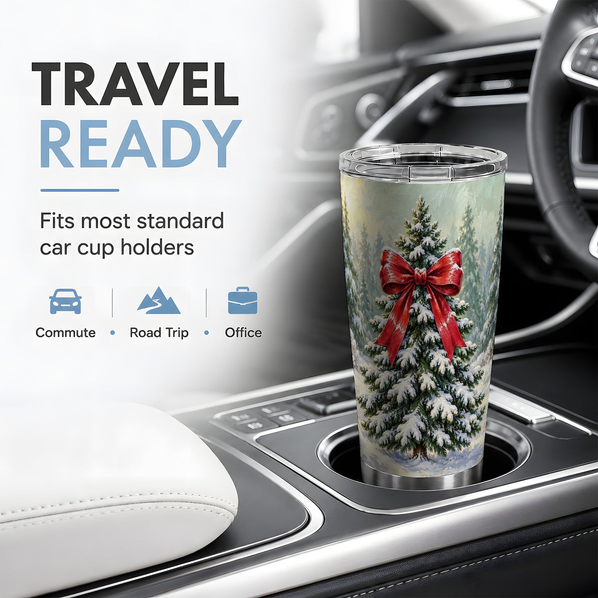 Snowy Christmas Tree 20oz Tumbler, Red Bow Winter Landscape Art