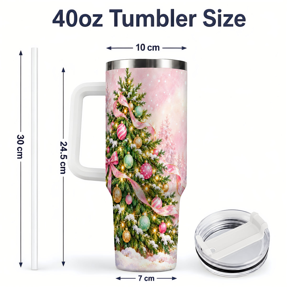 #pl[40oz|White] Pink Ribbon Christmas Tree Tumbler, 40oz Handled Stainless Steel