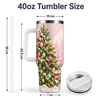 #pl[40oz|White] Pink Ribbon Christmas Tree Tumbler, 40oz Handled Stainless Steel