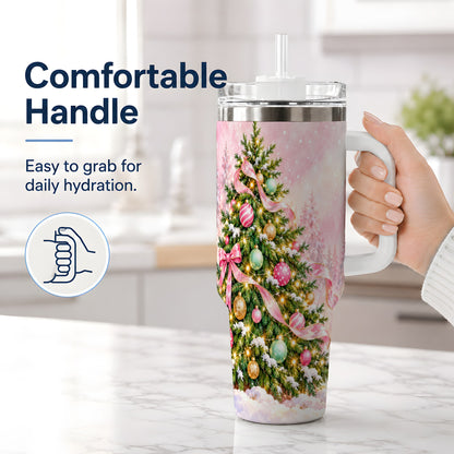 #pl[40oz|White] Pink Ribbon Christmas Tree Tumbler, 40oz Handled Stainless Steel