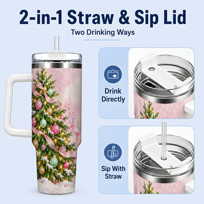 #pl[40oz|White] Pink Ribbon Christmas Tree Tumbler, 40oz Handled Stainless Steel