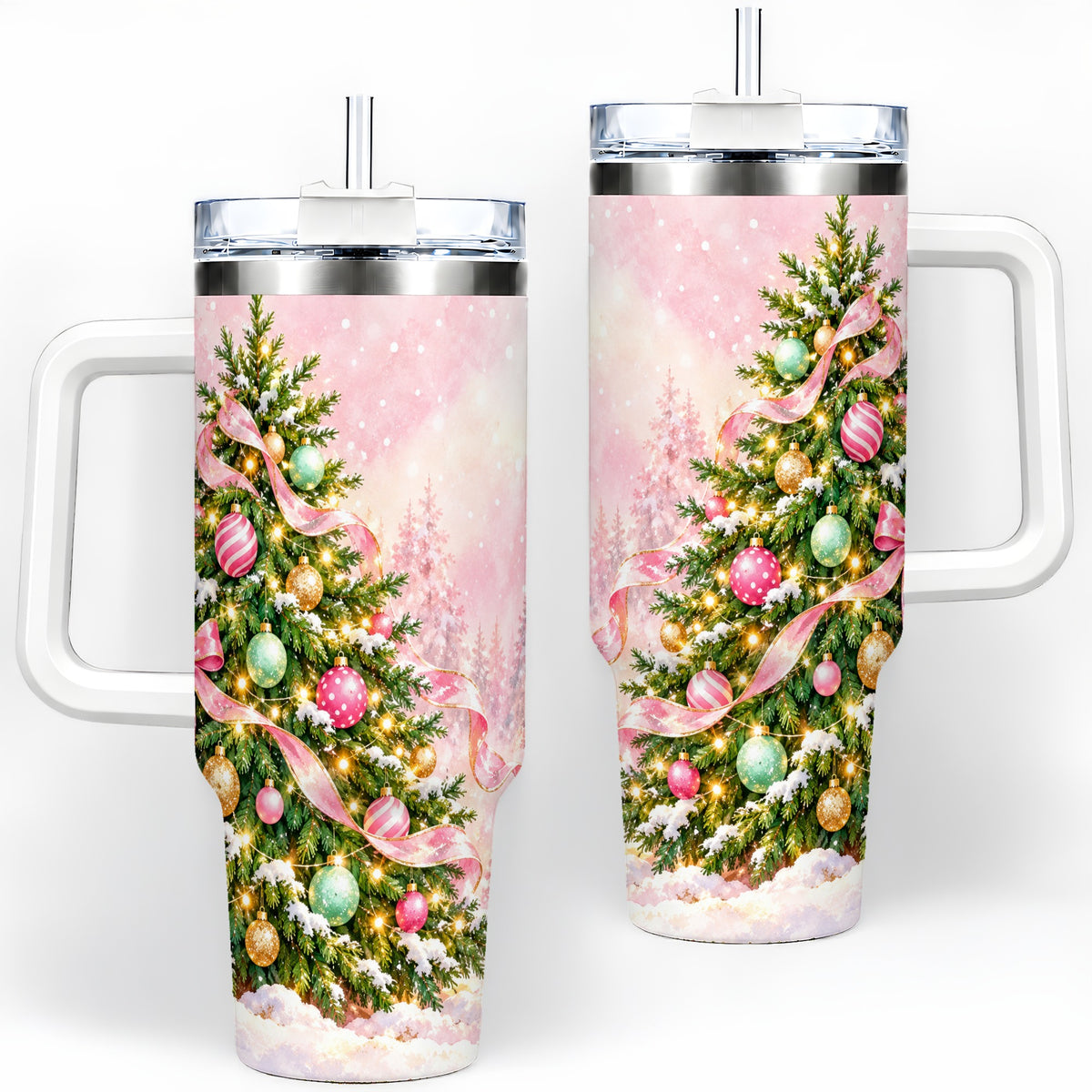Pink Ribbon Christmas Tree Tumbler, 40oz Handled Stainless Steel