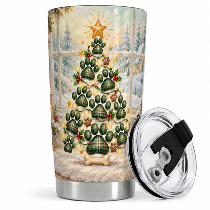 Christmas Paw Print Tree 20oz Tumbler, Green Plaid Dog Design