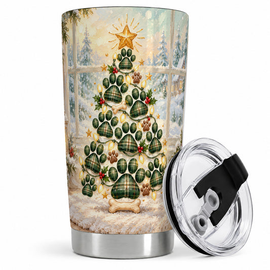 Christmas Paw Print Tree 20oz Tumbler, Green Plaid Dog Design
