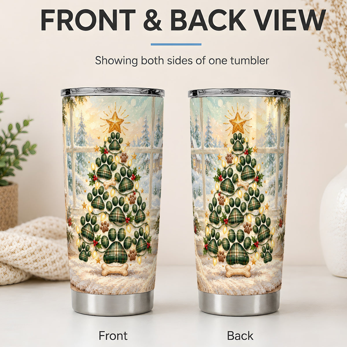 #pl[20oz|Steel] Christmas Paw Print Tree 20oz Tumbler, Green Plaid Dog Design