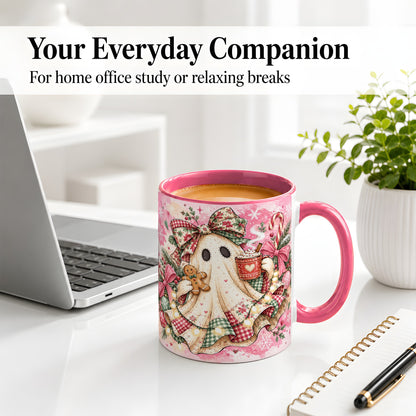 #pl[11oz|Pink] Cute Christmas Ghost Accent Mug, Ceramic Coffee Cup for Ghost Fans