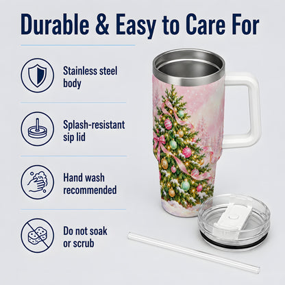 Pink Ribbon Christmas Tree Tumbler, 40oz Handled Stainless Steel