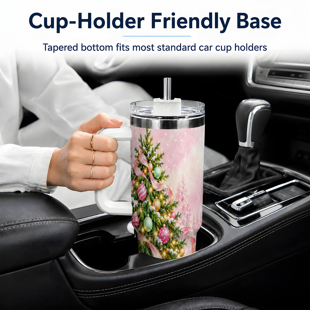 Pink Ribbon Christmas Tree Tumbler, 40oz Handled Stainless Steel