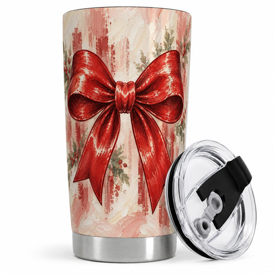 Christmas Red Bow 20oz Tumbler, Vintage Ribbon Oil Painting Art