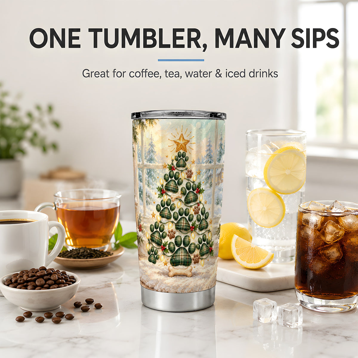 Christmas Paw Print Tree 20oz Tumbler, Green Plaid Dog Design