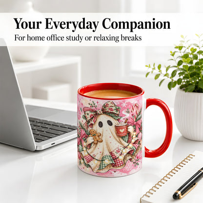 #pl[11oz|Red] Cute Christmas Ghost Accent Mug, Ceramic Coffee Cup for Ghost Fans