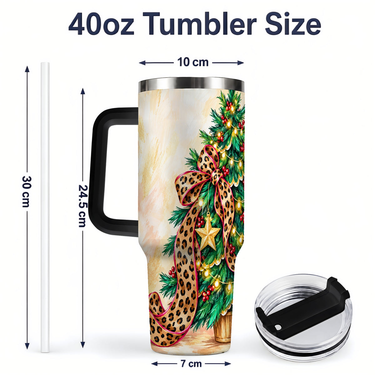 #pl[40oz|Black] Leopard Print Christmas Tree Tumbler, 40oz Handled Stainless Steel