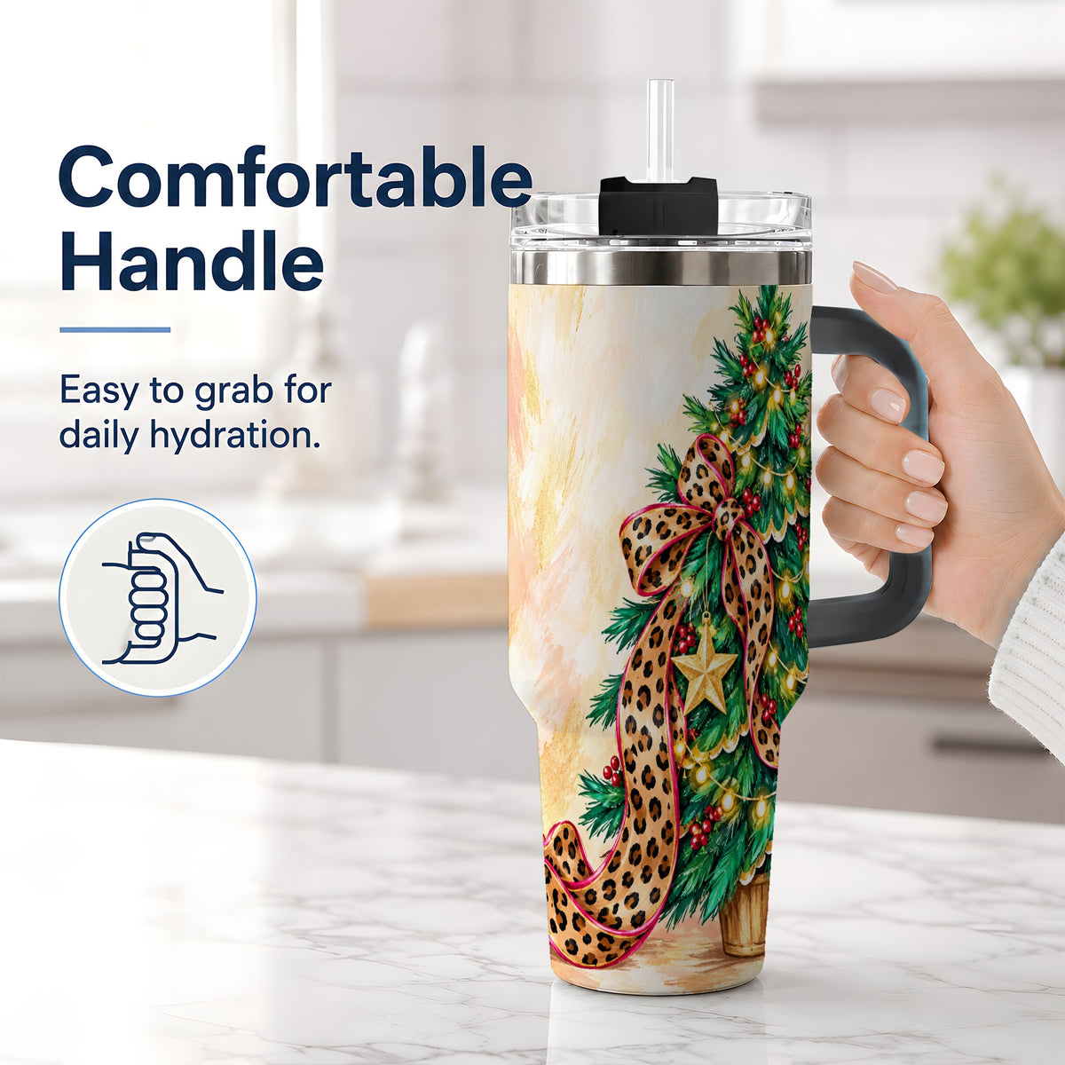 #pl[40oz|Black] Leopard Print Christmas Tree Tumbler, 40oz Handled Stainless Steel