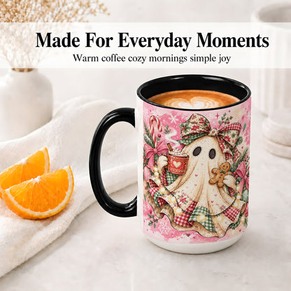 #pl[15oz|Black] Cute Christmas Ghost Accent Mug, Ceramic Coffee Cup for Ghost Fans