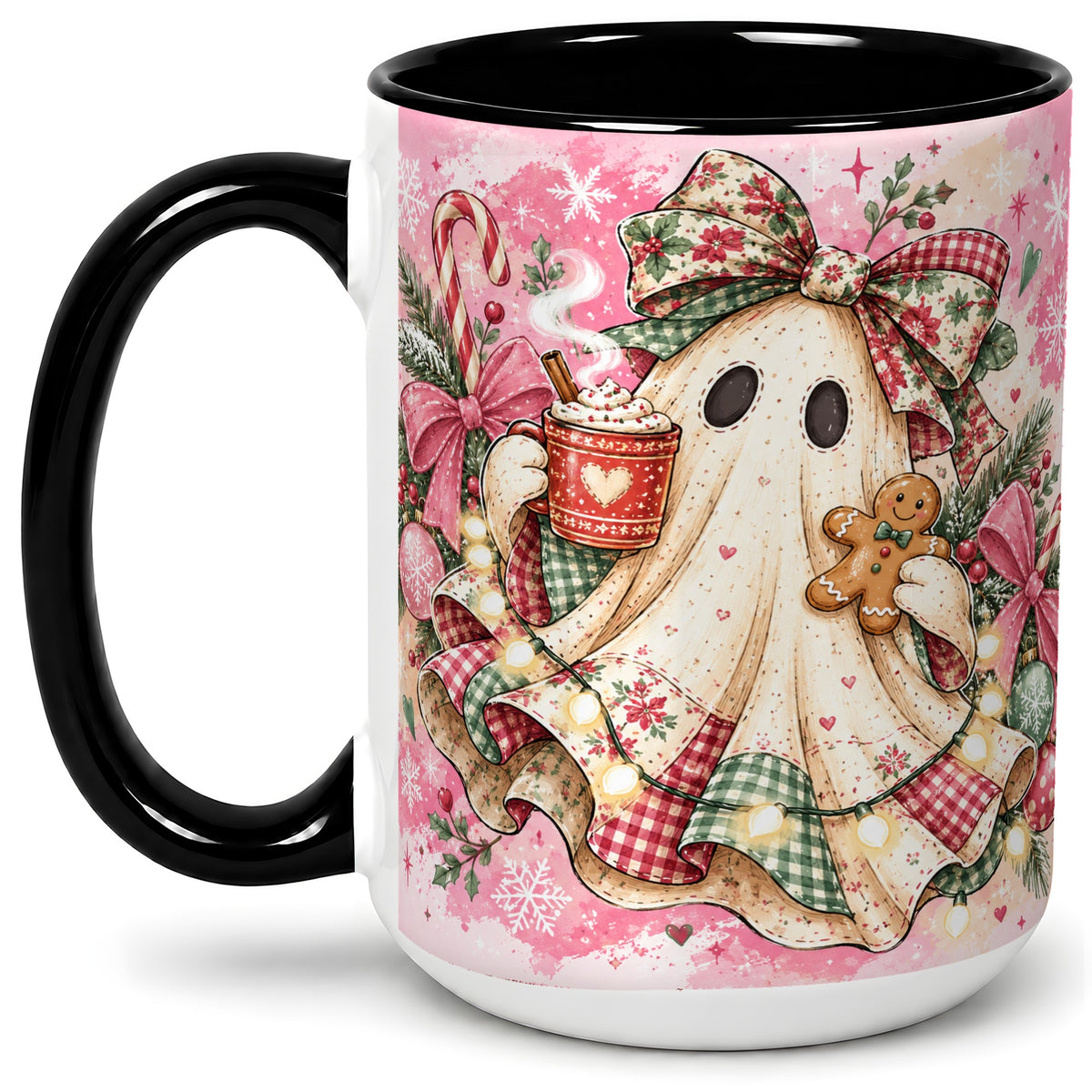 #pl[15oz|Black] Cute Christmas Ghost Accent Mug, Ceramic Coffee Cup for Ghost Fans