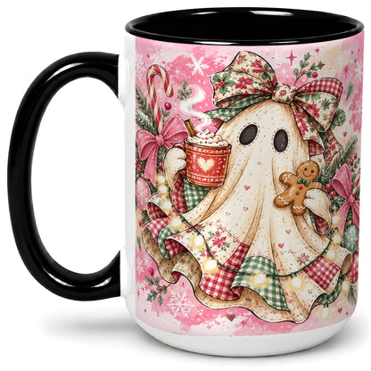 #pl[15oz|Black] Cute Christmas Ghost Accent Mug, Ceramic Coffee Cup for Ghost Fans
