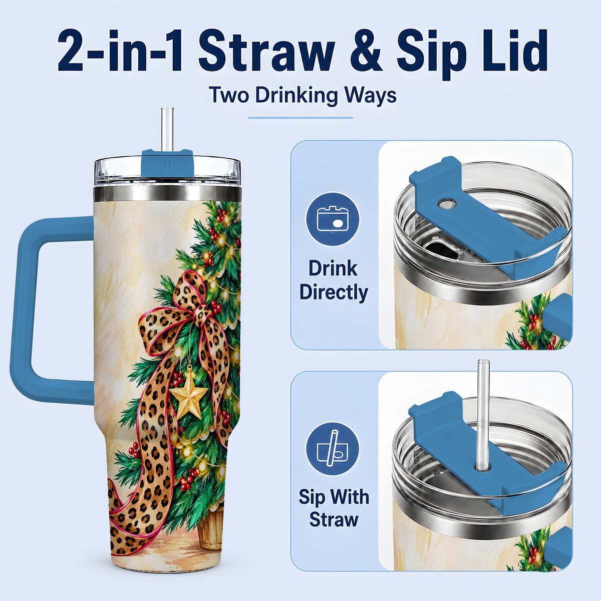 #pl[40oz|Blue] Leopard Print Christmas Tree Tumbler, 40oz Handled Stainless Steel