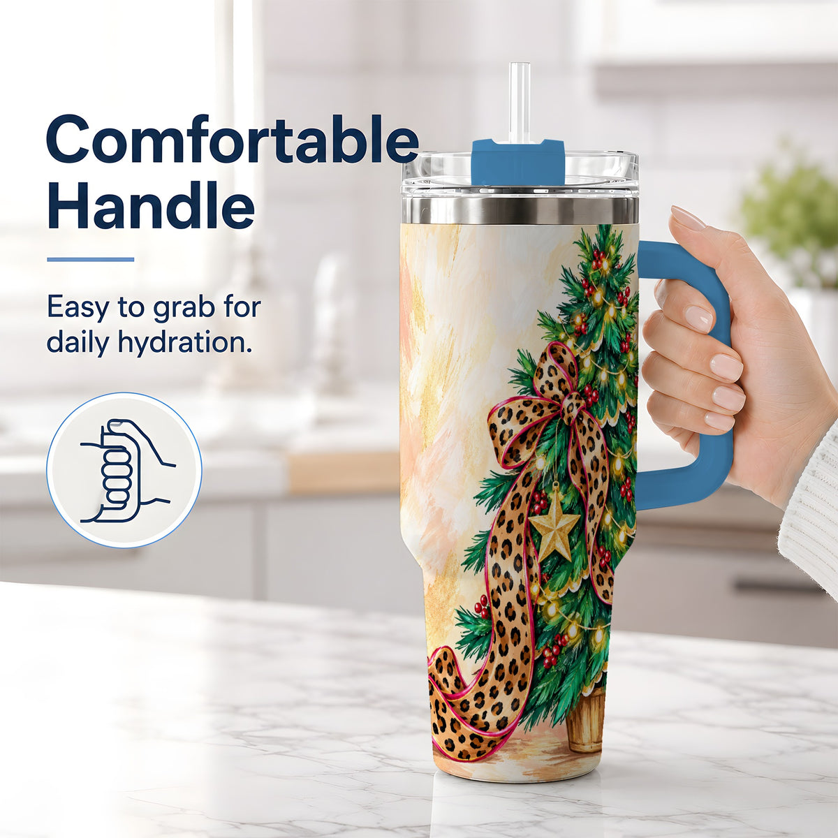 #pl[40oz|Blue] Leopard Print Christmas Tree Tumbler, 40oz Handled Stainless Steel