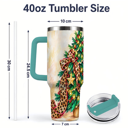 #pl[40oz|Green] Leopard Print Christmas Tree Tumbler, 40oz Handled Stainless Steel