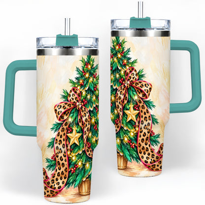 #pl[40oz|Green] Leopard Print Christmas Tree Tumbler, 40oz Handled Stainless Steel