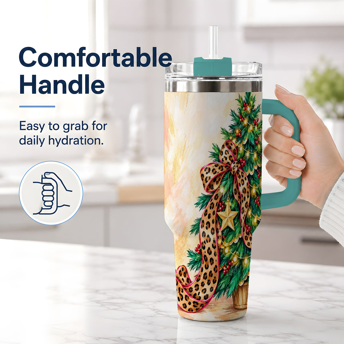 #pl[40oz|Green] Leopard Print Christmas Tree Tumbler, 40oz Handled Stainless Steel