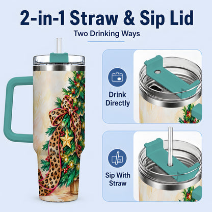 #pl[40oz|Green] Leopard Print Christmas Tree Tumbler, 40oz Handled Stainless Steel