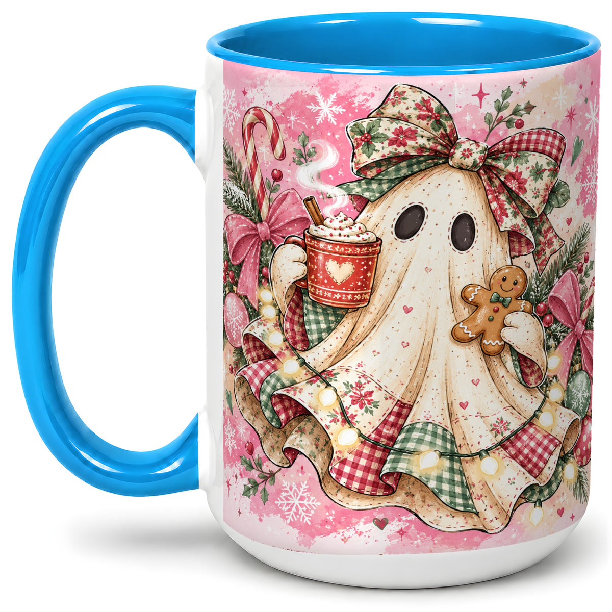 #pl[15oz|Blue] Cute Christmas Ghost Accent Mug, Ceramic Coffee Cup for Ghost Fans