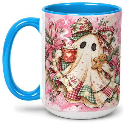 #pl[15oz|Blue] Cute Christmas Ghost Accent Mug, Ceramic Coffee Cup for Ghost Fans