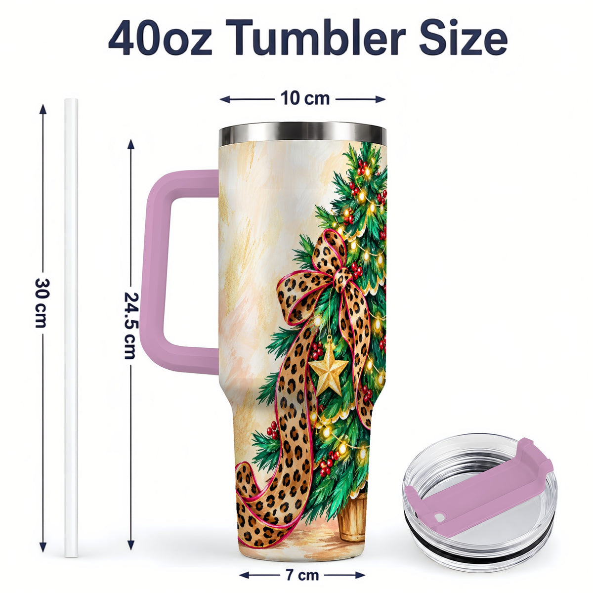 #pl[40oz|Pink] Leopard Print Christmas Tree Tumbler, 40oz Handled Stainless Steel