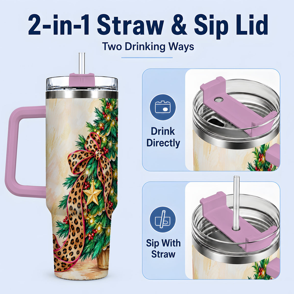 #pl[40oz|Pink] Leopard Print Christmas Tree Tumbler, 40oz Handled Stainless Steel