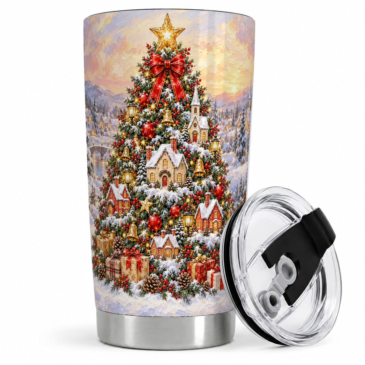 Christmas Village Tree Tumbler, 20oz Stainless Steel Winter Drinkware