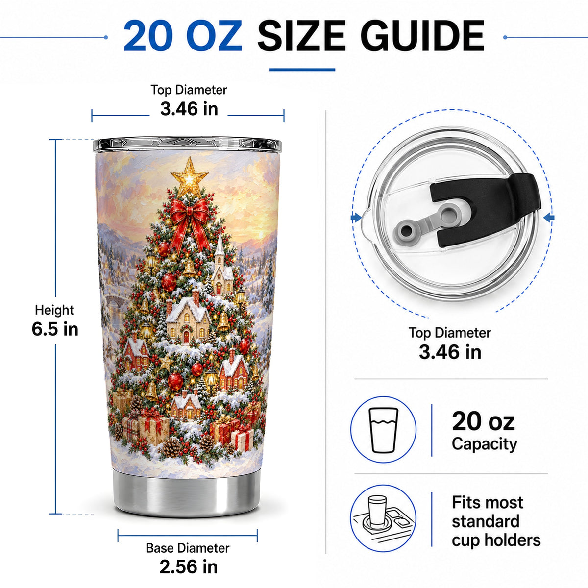 #pl[20oz|Steel] Christmas Village Tree Tumbler, 20oz Stainless Steel Winter Drinkware