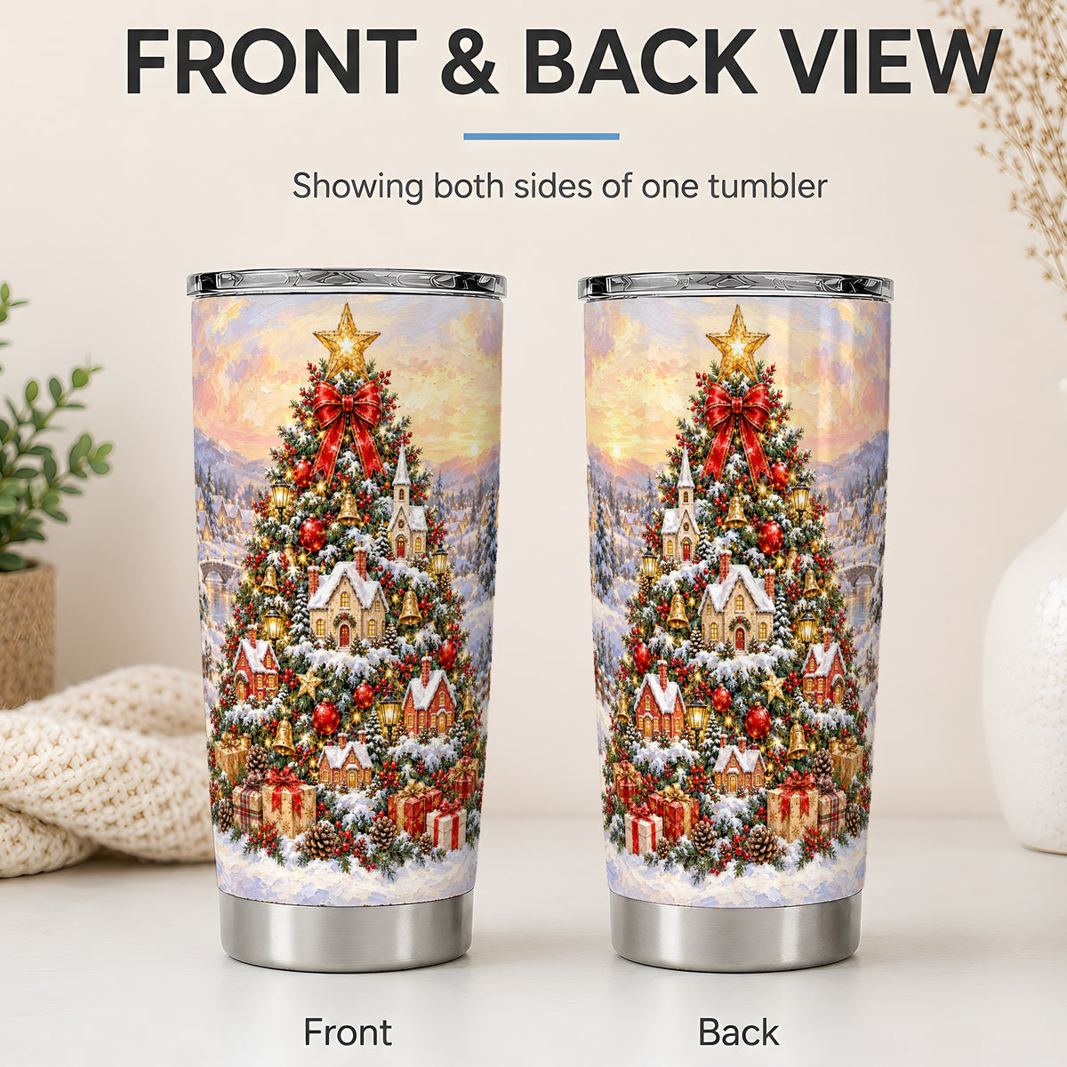 #pl[20oz|Steel] Christmas Village Tree Tumbler, 20oz Stainless Steel Winter Drinkware