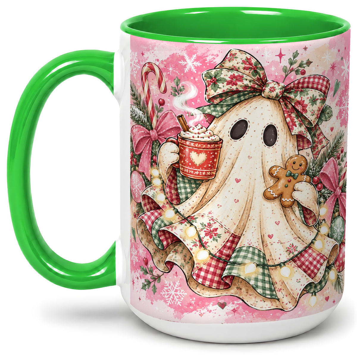 #pl[15oz|Green] Cute Christmas Ghost Accent Mug, Ceramic Coffee Cup for Ghost Fans
