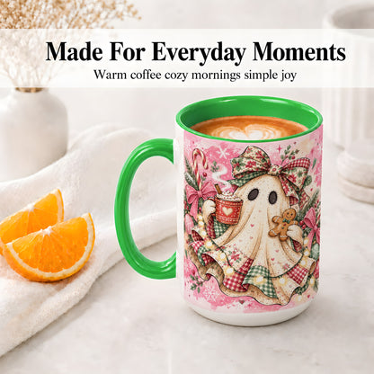 #pl[15oz|Green] Cute Christmas Ghost Accent Mug, Ceramic Coffee Cup for Ghost Fans