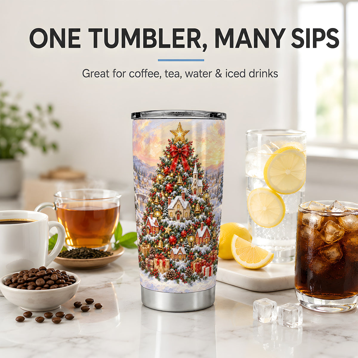 Christmas Village Tree Tumbler, 20oz Stainless Steel Winter Drinkware