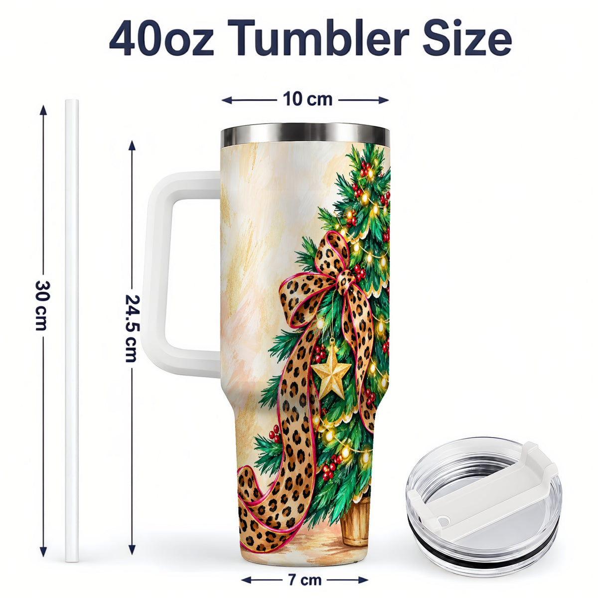 #pl[40oz|White] Leopard Print Christmas Tree Tumbler, 40oz Handled Stainless Steel