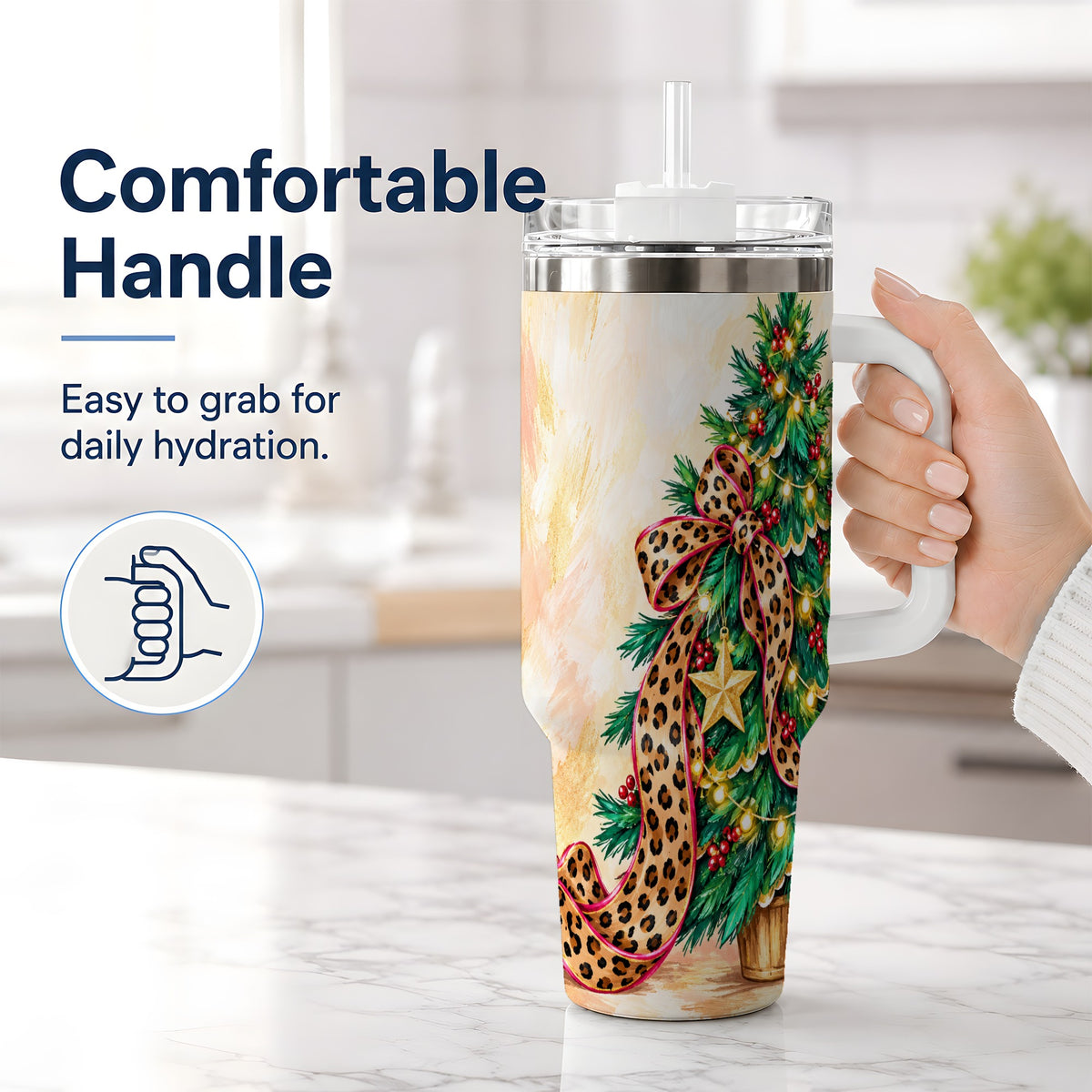 #pl[40oz|White] Leopard Print Christmas Tree Tumbler, 40oz Handled Stainless Steel