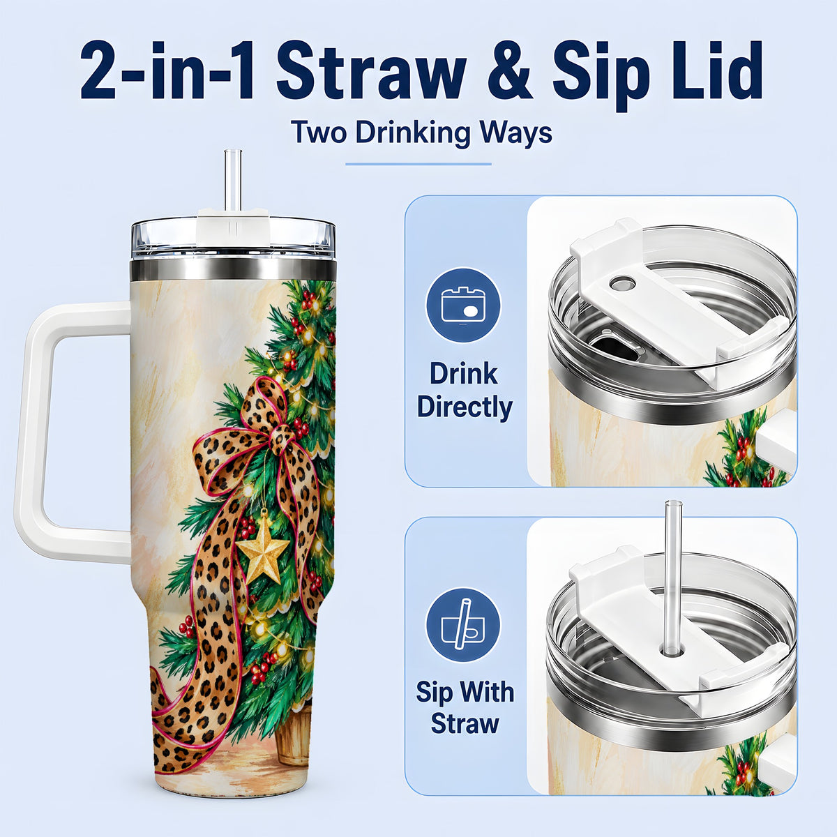 #pl[40oz|White] Leopard Print Christmas Tree Tumbler, 40oz Handled Stainless Steel