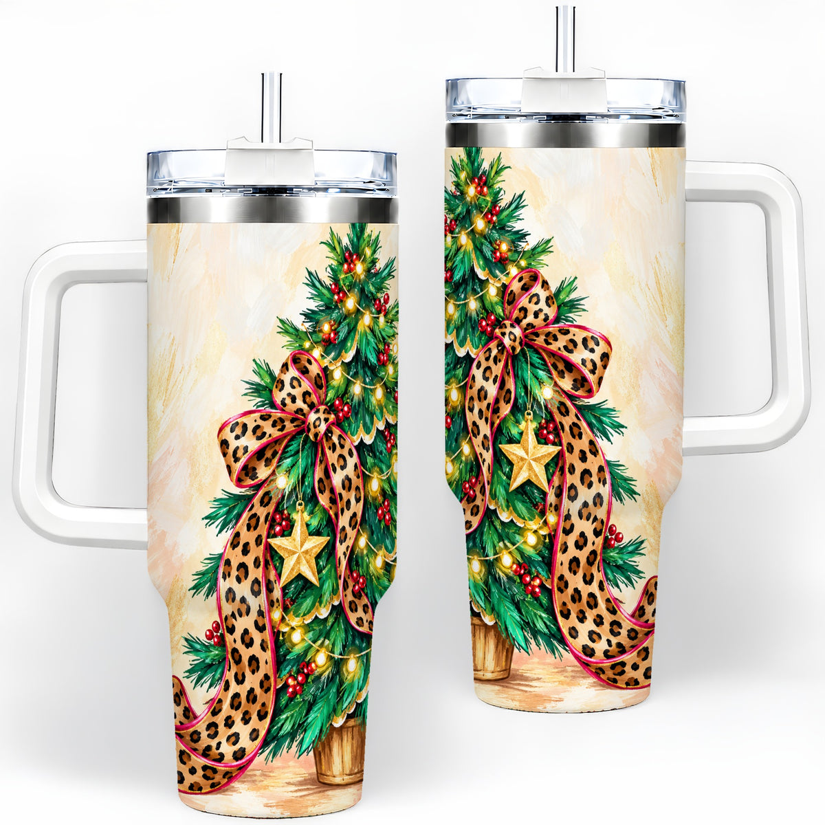 Leopard Print Christmas Tree Tumbler, 40oz Handled Stainless Steel