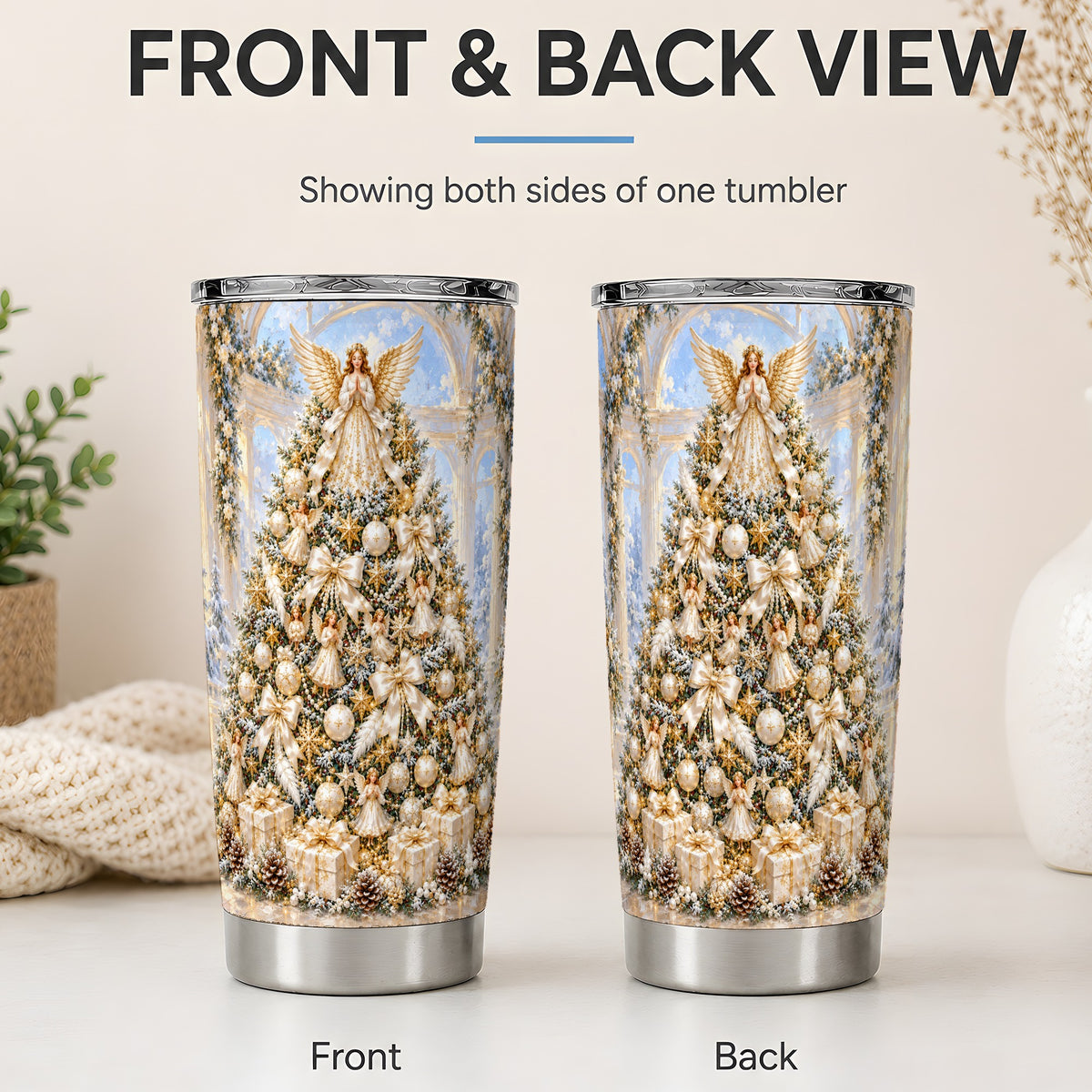 #pl[20oz|Steel] White Gold Angel Christmas Tumbler, 20oz Stainless Steel Drinkware