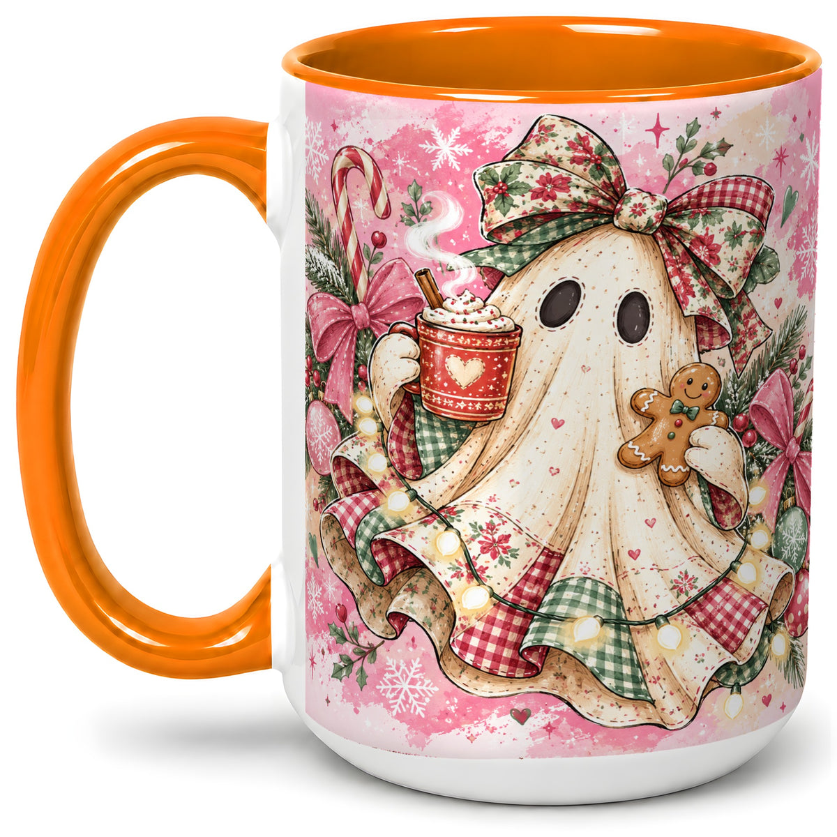 #pl[15oz|Orange] Cute Christmas Ghost Accent Mug, Ceramic Coffee Cup for Ghost Fans