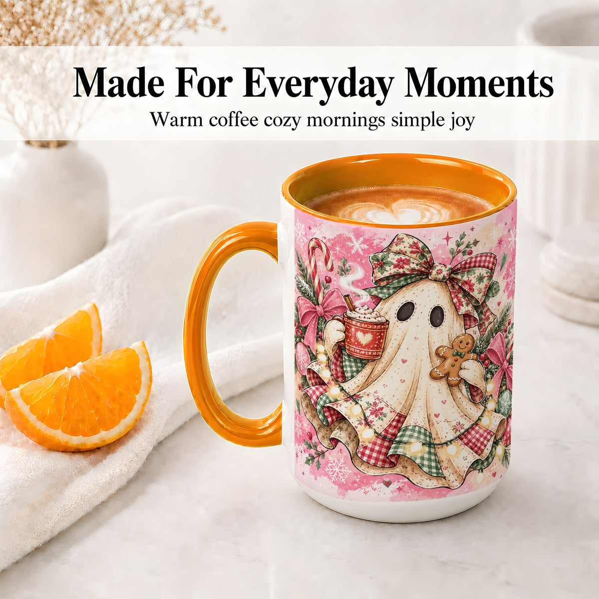 #pl[15oz|Orange] Cute Christmas Ghost Accent Mug, Ceramic Coffee Cup for Ghost Fans
