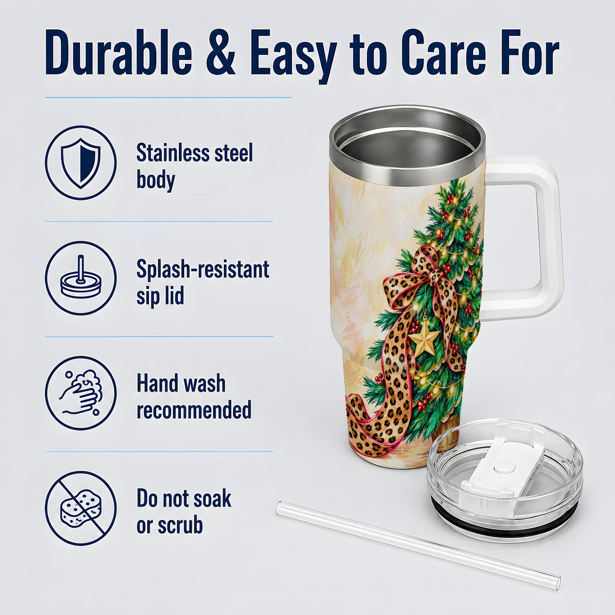 Leopard Print Christmas Tree Tumbler, 40oz Handled Stainless Steel